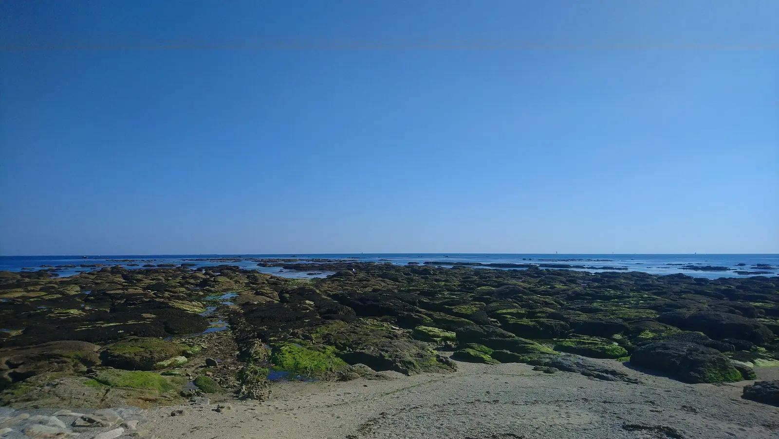 Estran rocheux découvert à marée basse à la pointe de Mousterlin, sur le tracé du GR34 en Finistère Sud